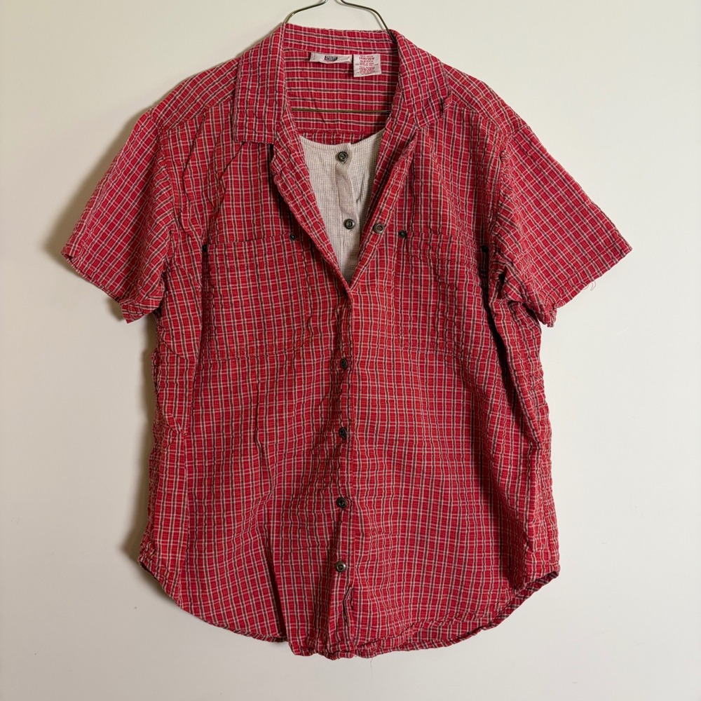 Faded Glory Woman Red Plaid Short Sleeve Shirt Waffle Knit Henley Layer 14W 16W